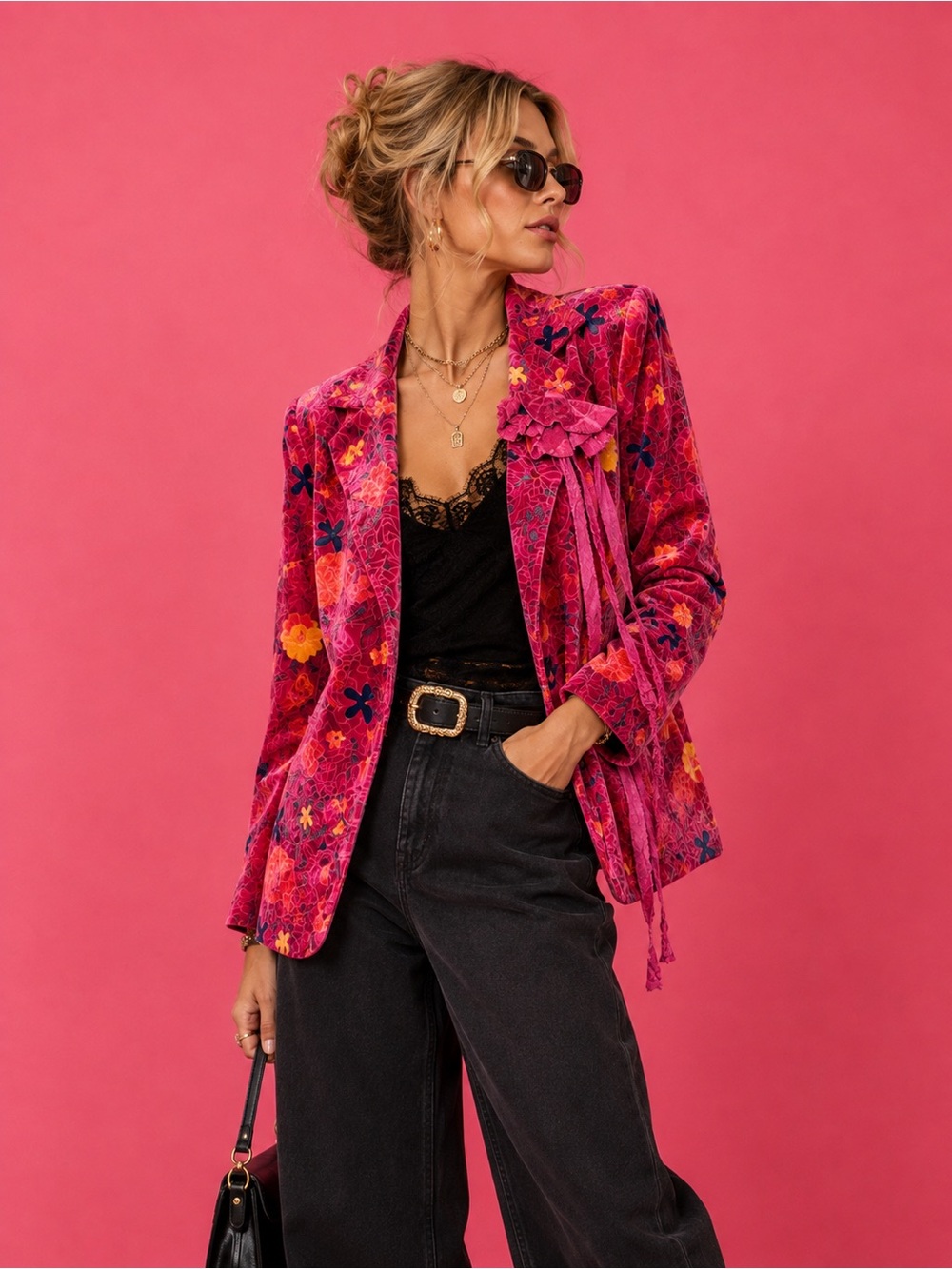 Angie Fuchsia Floral Velvet Blazer with Ruffle Accent